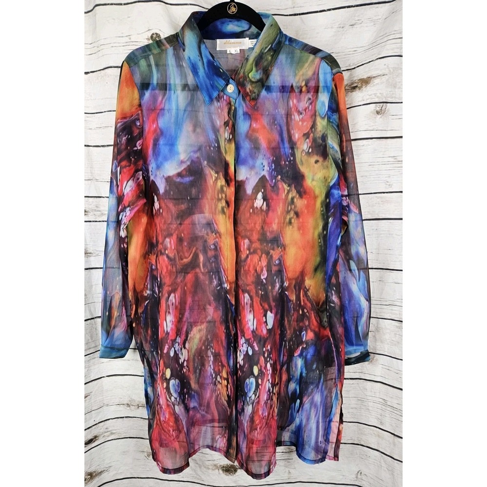 Dilemma Dhun Shroff Artsy Abstract Tunic Top Multi Color Lagenlook L/XL Sheer